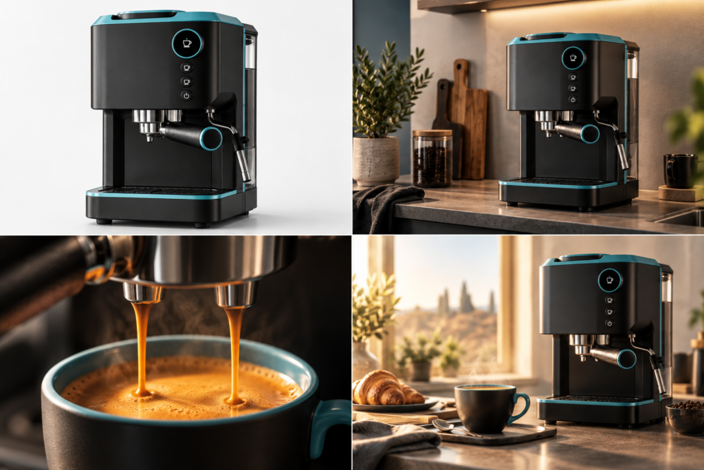 Vier unterschiedliche Produktbilder einer Espressomaschine zeigen Produktansicht, Einsatz in der Küche, Espressozubereitung und morgendliches Lebensgefühl.