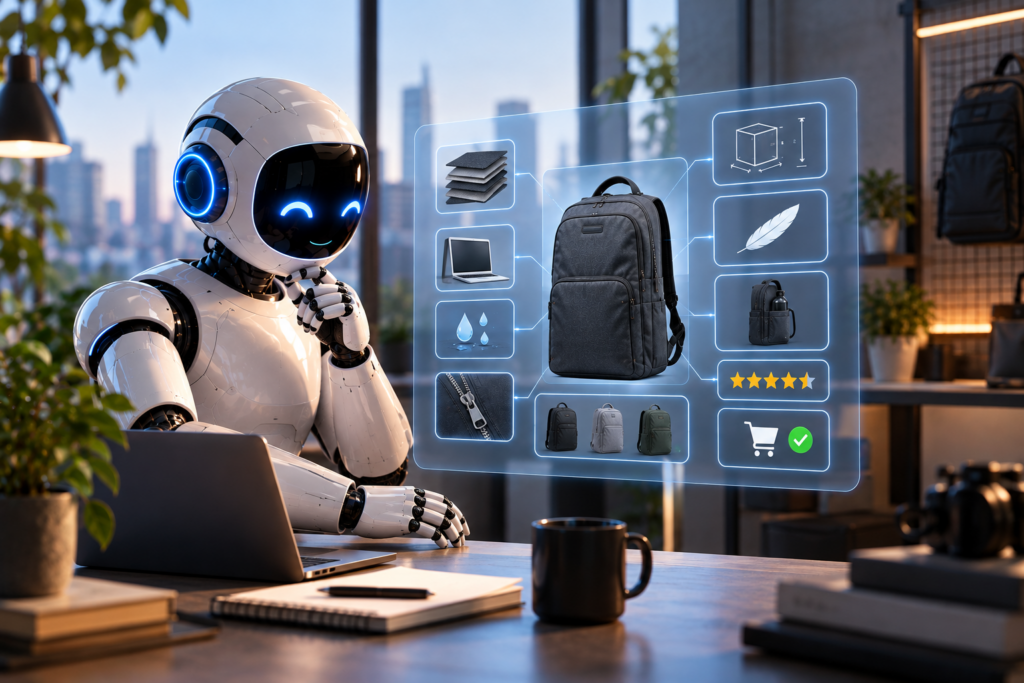 Humanoider Roboter analysiert die Produktdaten eines Business-Rucksacks über eine digitale Benutzeroberfläche.
