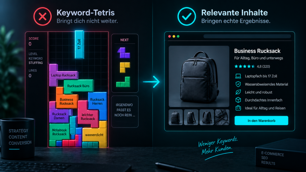 Keyword-Tetris mit überladenen Suchbegriffen im Vergleich zu einer klar strukturierten Produktseite für einen Business-Rucksack.