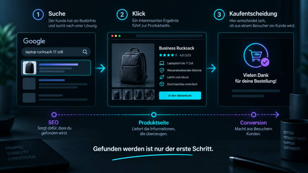 Vom Suchergebnis über die Produktseite zur Kaufentscheidung: Zusammenspiel von SEO, Produktinformationen und Conversion im E-Commerce.