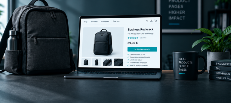 Laptop mit E-Commerce-Produktseite für einen Business-Rucksack, daneben Rucksack und Zubehör auf einem Schreibtisch.