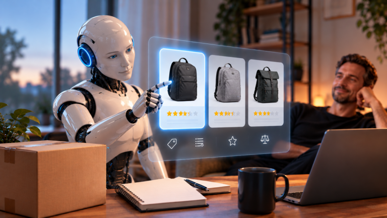 Humanoider Roboter vergleicht verschiedene Business-Rucksäcke über eine digitale Produktauswahl, während ein Mann im Hintergrund zusieht.