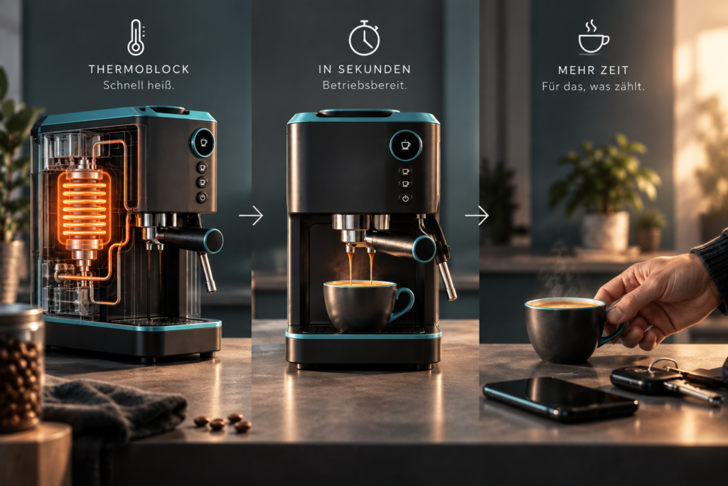 Espressomaschine mit Thermoblock: vom schnellen Aufheizen über die Zubereitung bis zum fertigen Espresso.