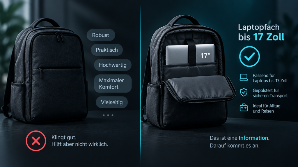 Vergleich einer Produktbeschreibung: allgemeine Werbeaussagen zu einem Rucksack gegenüber der konkreten Information „Laptopfach bis 17 Zoll“.